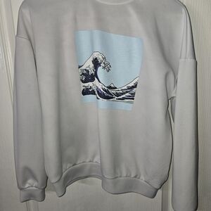 SHEIN White Crewneck with Blue Wave Graphic